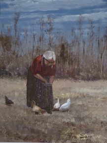 Old Woman Feeding Chickens