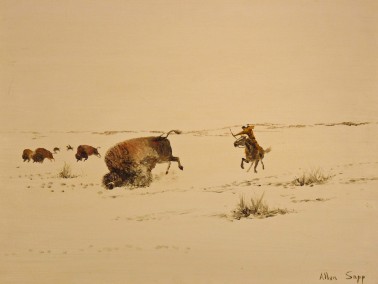 L'homme sur cheval tir le bison